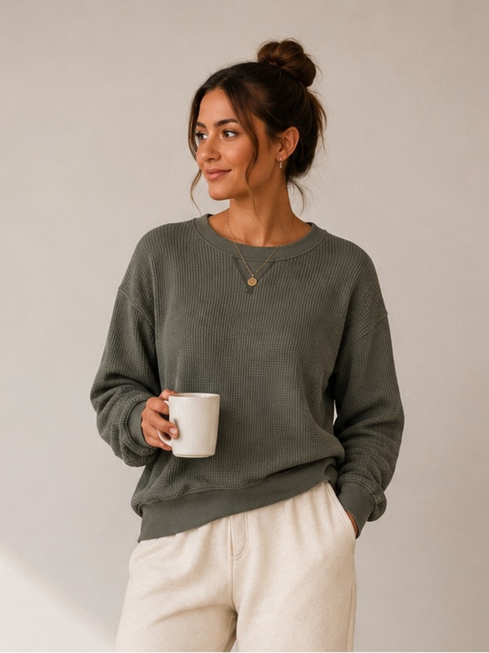 aerie Olive Green Waffle Knit Crewneck Sweatshirt